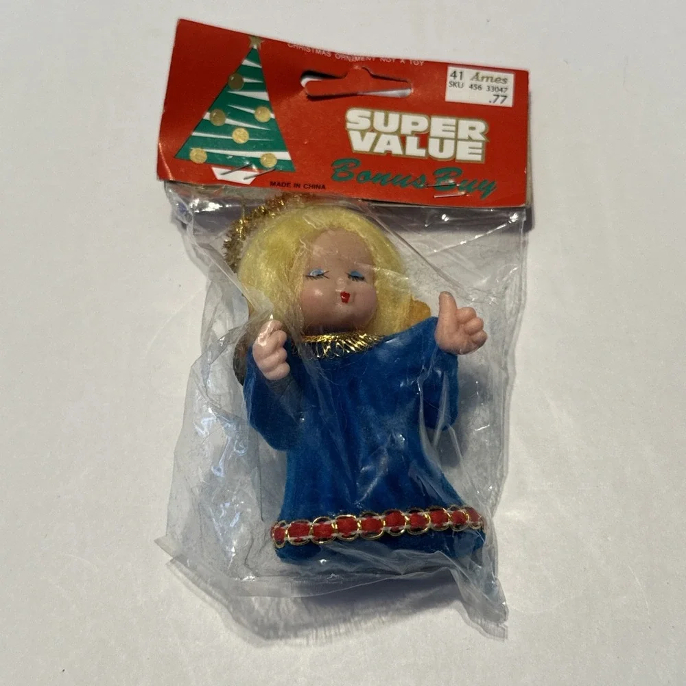 VTG BRADFORD AMES BLONDE Kissing ANGEL BLUE ORNAMENT‎ PLASTIC TINSEL HALO NOS